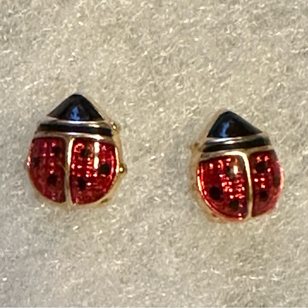 14k Gold Ladybug Stud Earrings‎ W/ Red & Black Enamel
